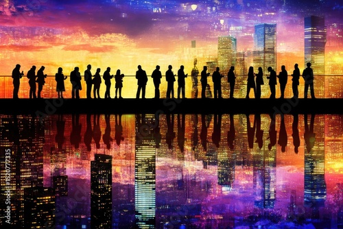 Silhouetted figures stand on a rooftop overlooking a vibrant cityscape at sunset, their reflections mirrored in still water below