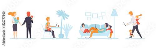 Parents Working with Their Children While Their Playing Next to Them Vector Set