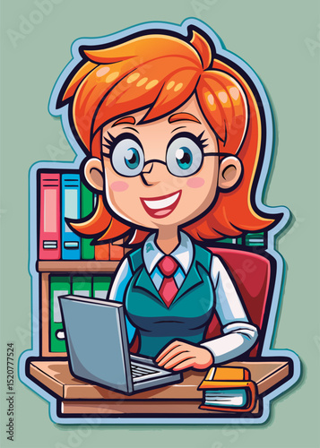 Smiling businesswoman working on laptop.