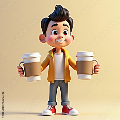 Cartoon boy happily holds two cups of coffee for himself and dad, showing delight and energy