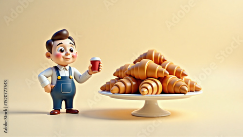 Cartoon boy holding a coffee cup next to a platter of freshly baked croissants