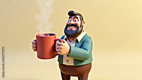 The cartoon dad happily holds a large steaming mug, showing warmth and satisfaction.