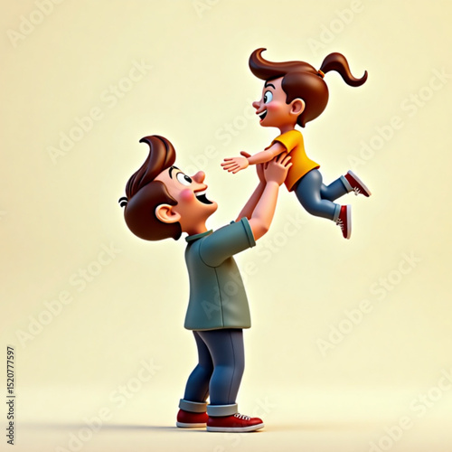 Cartoon father lifting his joyful daughter in the air, showcasing a playful moment of happiness