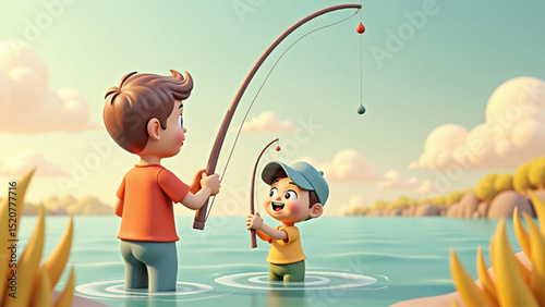 Cartoon boys fishing together in a lake, showcasing a fun and joyful outdoor activity