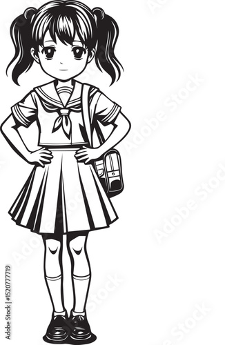 Anime style illustration of a japanese schoolgirl in a sailor uniform and pigtails
