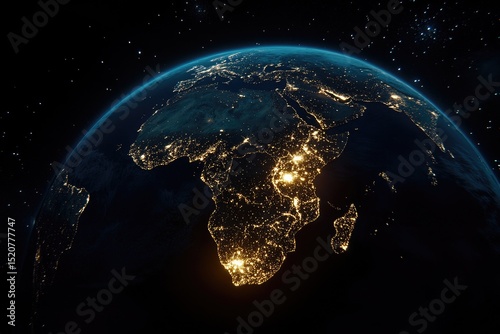 Earth at night, Africa illuminated, city lights glowing against dark space