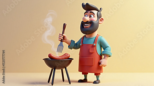 Cartoon dad is grilling sausages with a joyful expression and a fork in his hand