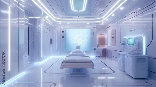 Futuristic healthcare facility featuring advanced technology and clean design in a sterile environment