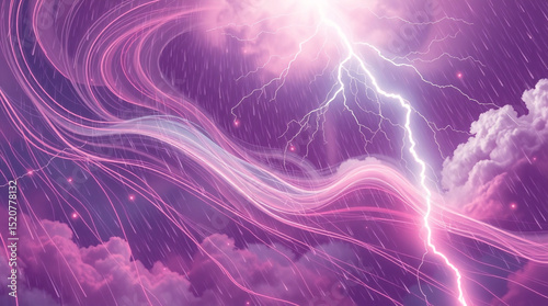 Dramatic pink and purple thunderstorm illustration with glowing white lightning bolt slicing through dreamy swirling clouds and stylized rain lines.