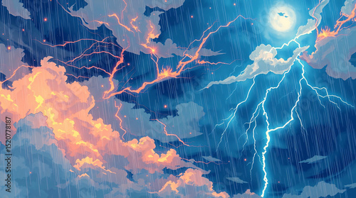 Dramatic thunderstorm sky with glowing orange clouds, intense blue lightning bolts, and heavy rain under a bright full moon, capturing a surreal and powerful night atmosphere.