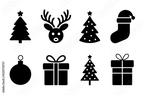 Christmas icons with trees reindeer gifts stocking
