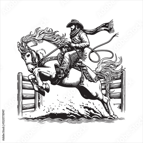 Western Cowboy on Horse with Bandana – Line Art Vector Illustration

