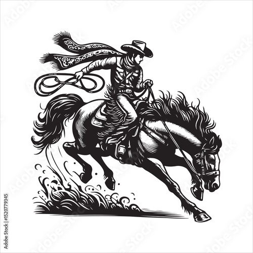 Western Cowboy on Horse with Bandana – Line Art Vector Illustration

