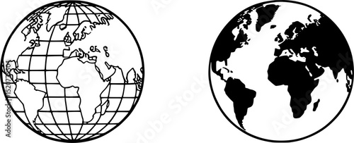 Simple black and white world map globes for educational or design use.