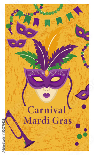 Vibrant Mardi Gras Illustration with Mask, Beads, and Trumpet-01