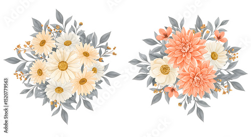 beautiful watercolor flower bouquets in white and peach - elegant floral arrangements isolated on transparent background