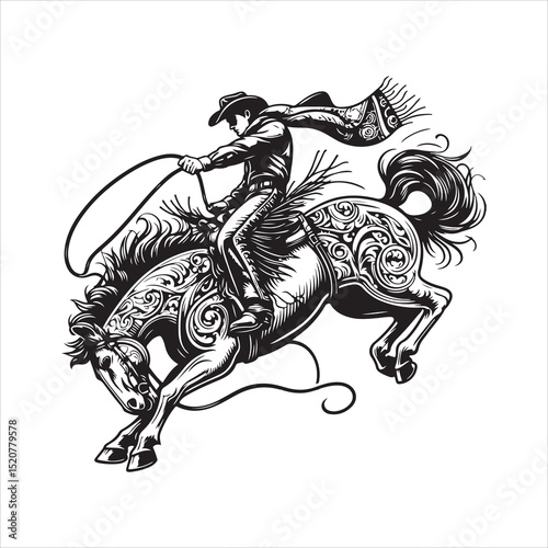 Western Cowboy on Horse with Bandana – Line Art Vector Illustration

