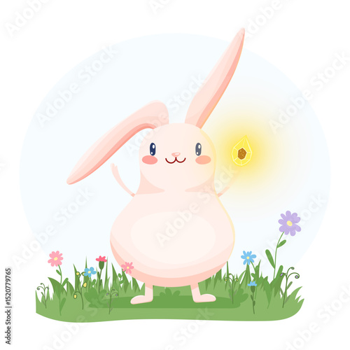 Cute pink rabbit with long ears and glowing crystal in paw. Surrounded by flowers. Great for kids design, books and fantasy themes