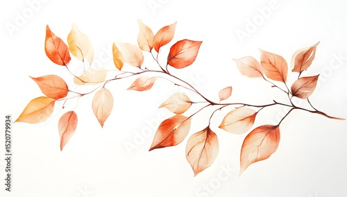 A delicate watercolor painting of autumn leaves on a branch, simple and elegant with soft colors against a white background.