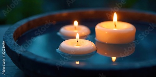 Serene floating candles in a dark blue water basin, softly illuminated, creating a tranquil and peaceful atmosphere Perfect for spa, relaxation, meditation, and wellness themes , candlelight, serene