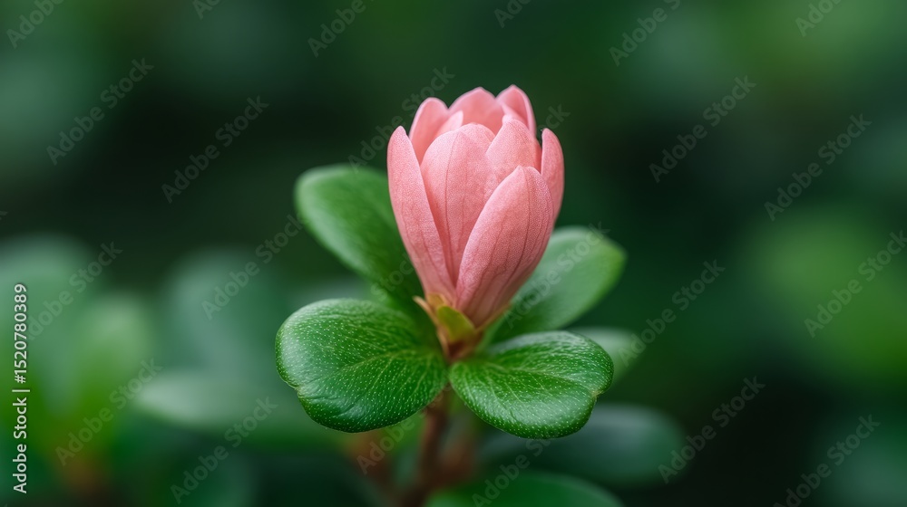 Fototapeta premium Delicate Pink Flower with Water Droplets Surrounded by Vibrant Green Leaves in a Natural Setting