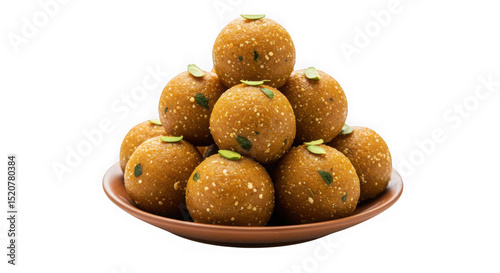 A stack of laddu sweets on a brown plate against a transparent background view