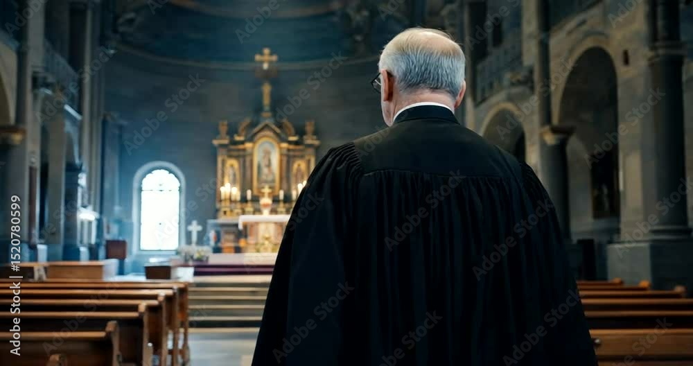 A solemn figure in a black robe stands in a grand church, gazing at the altar, with sunlight streaming through stained glass A solemn figure in a black robe stands in a grand church, gazing at the altar, with sunlight streaming through stained glass