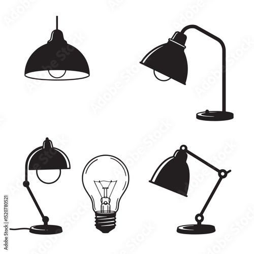 Vector illustrations of various desk lamps and a light bulb in silhouette style on white background