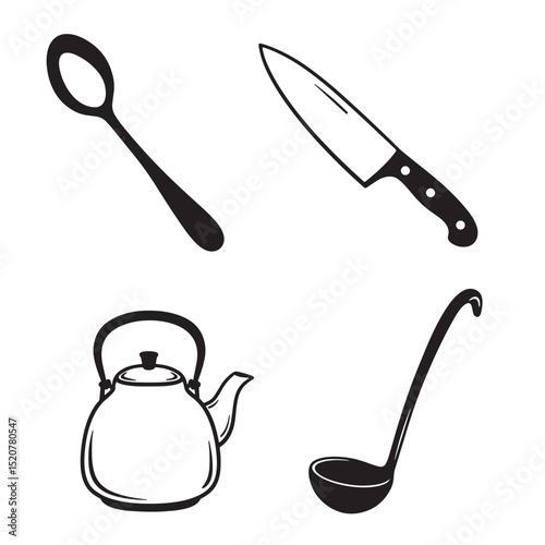 Vector illustration of kitchen utensils in a simple black silhouette style for culinary or cooking themes