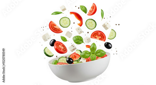 Fresh salad with tomatoes cucumbers olives cheese and basil on transparent background