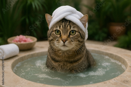 An adorable tabby cat with a white towel wrapped around its head, sitting serenely in a stone bath, enjoying a peaceful spa moment