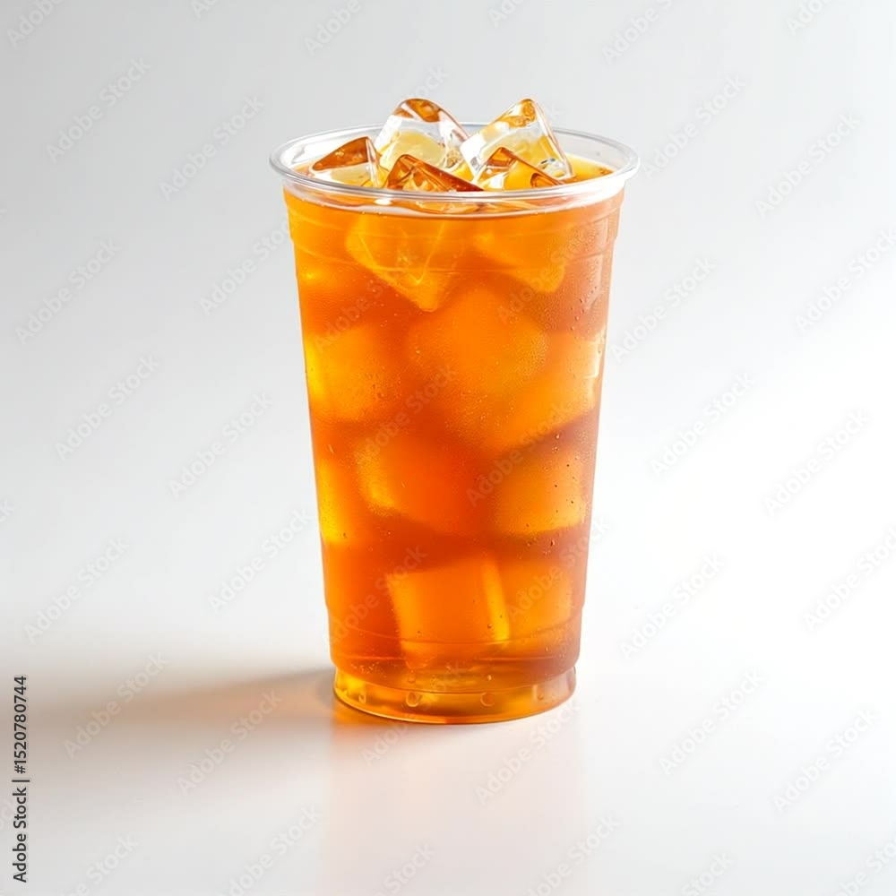 Iced black tea in plastic cup with ice cubes on light background