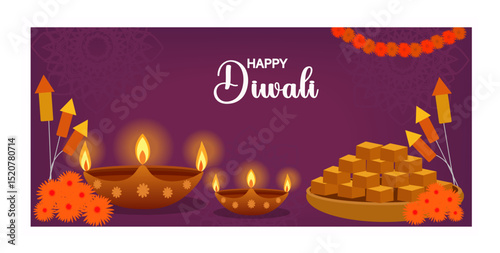 Happy Diwali Vector Banner Set - Festive Diyas, Sweets, Fireworks & Lantern Illustrations for Deepavali-04
