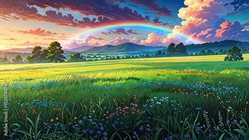 Anime landscape with rainbow over green field, trees, mountains, and colorful clouds in the sky at sunset