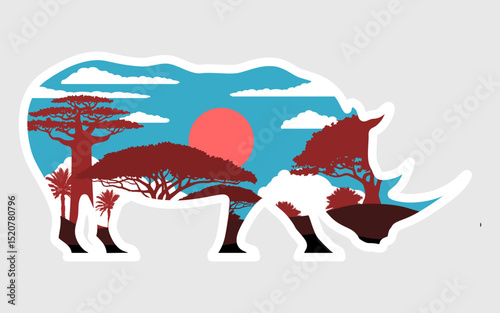 Rhinoceros Sticker with African Landscape. Patch with African Wildlife Theme