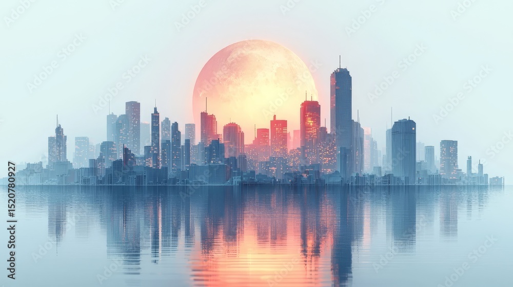 Obraz premium Stunning city skyline at sunset, featuring a vibrant orange moon reflecting on calm waters, perfect for urban and travel-themed projects.