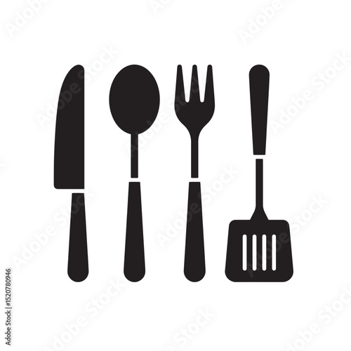 Black silhouette of kitchen utensils including a knife spoon fork and spatula against a white background