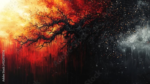 Striking contrast of fiery reds and cool blacks, featuring a gnarled tree bridging two worlds, symbolizing the balance between chaos and calm.