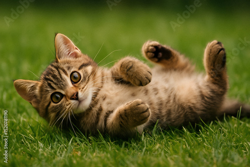 An adorable tabby kitten with big eyes playfully lying on its back in lush green grass, looking up at the camera