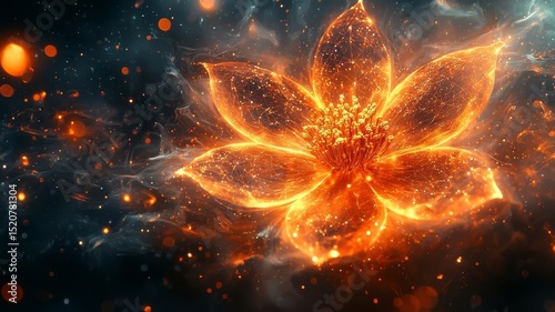 Radiant orange lotus flower emerging from cosmic backdrop, symbolizing beauty and transformation in a vibrant, ethereal setting.
