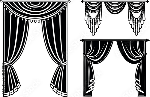 Elegant decorative curtain vector illustrations in black and white for various designs