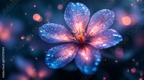 Glowing flower with sparkling petals against a dreamy blue background, evoking beauty and tranquility for nature-themed designs.