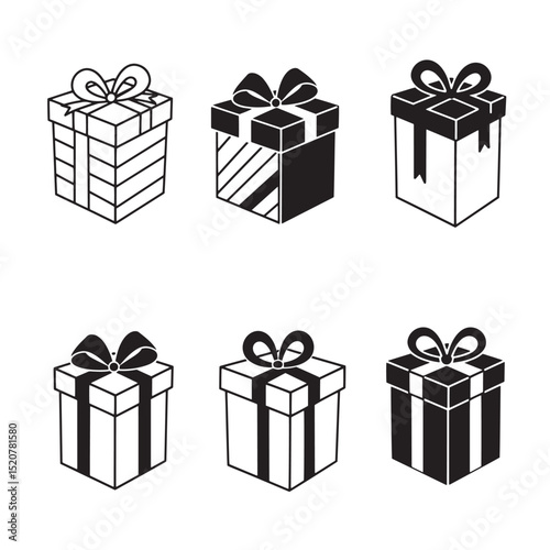 Set of six gift boxes silhouettes with bows in vector format for festive occasions