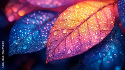 Vibrant, dewy leaves in a kaleidoscope of colors, showcasing natures beauty and freshness, perfect for wellness and eco-themed projects.