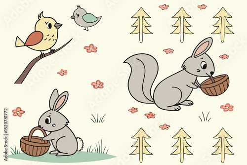 Cute woodland animals and birds illustration