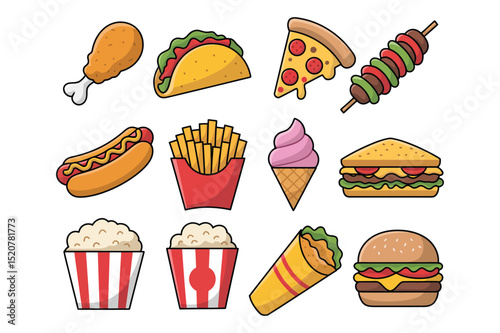 Delicious Fast Food Icons A Collection of Cute and Colorful Illustrations