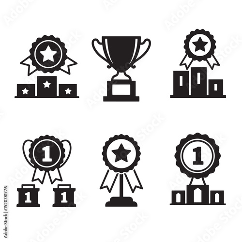 A collection of black and white silhouette illustrations depicting awards trophies and achievements