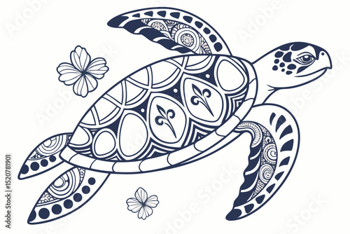 Ornate mandala sea turtle with flowers
