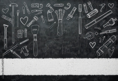 Creative tools and sketches displayed on a chalkboard background for artistic inspiration