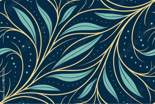 Elegant floral seamless pattern with stylized leaves and dots on a navy background